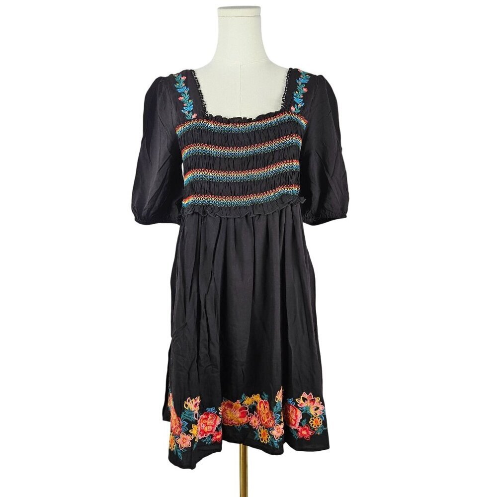 Savanna Jane Black Embroidered‎ Floral Boho Dress Medium Babydoll